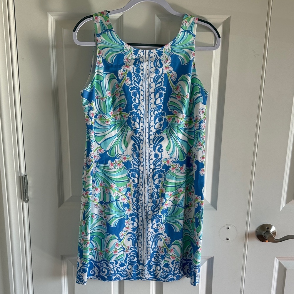 Lilly Pulitzer Sleeveless Blue & Green Floral Print Cathy Shift Dress SZ 8